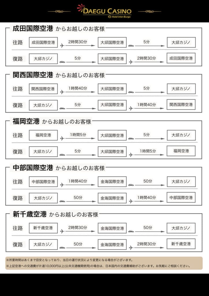 日本から大邱カジノまでの航空便